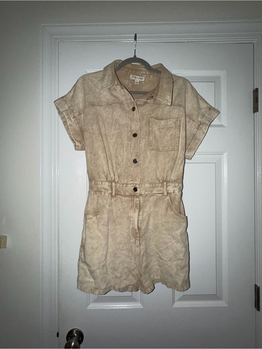 She + Sky Womens Short Sleeve Neutral Tan Romper
